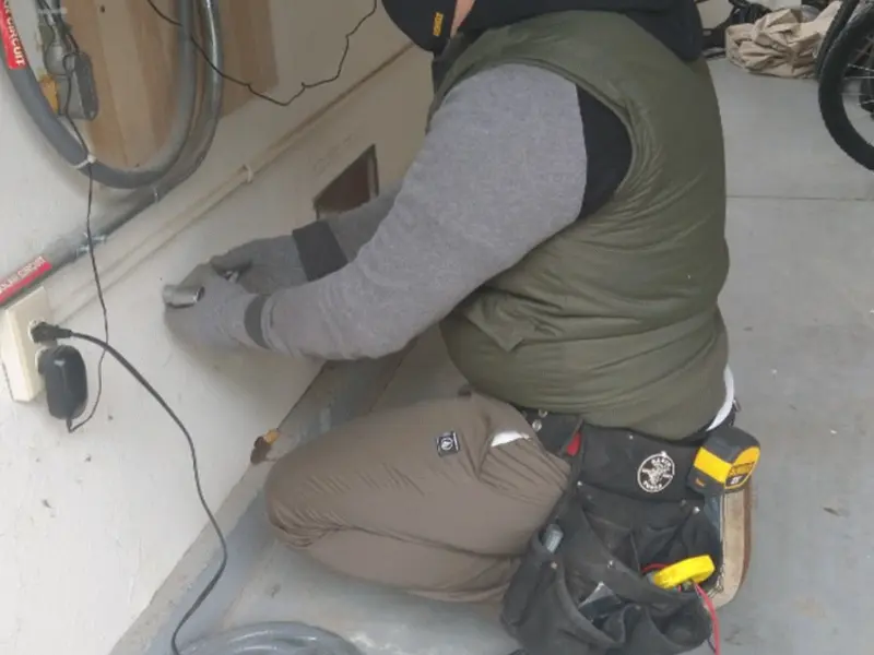 Electrician performing outlet wiring in a County Center garage